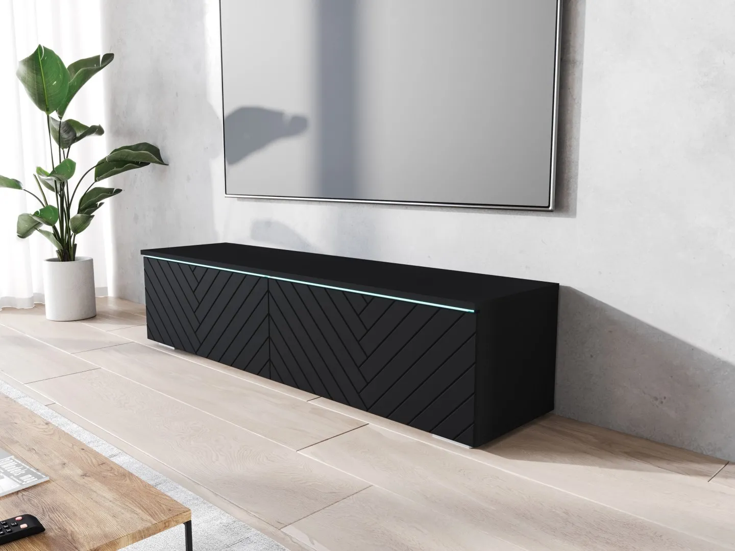 Szafka DONNA RTV 140 cm czarny grafit / front MDF Jodełka